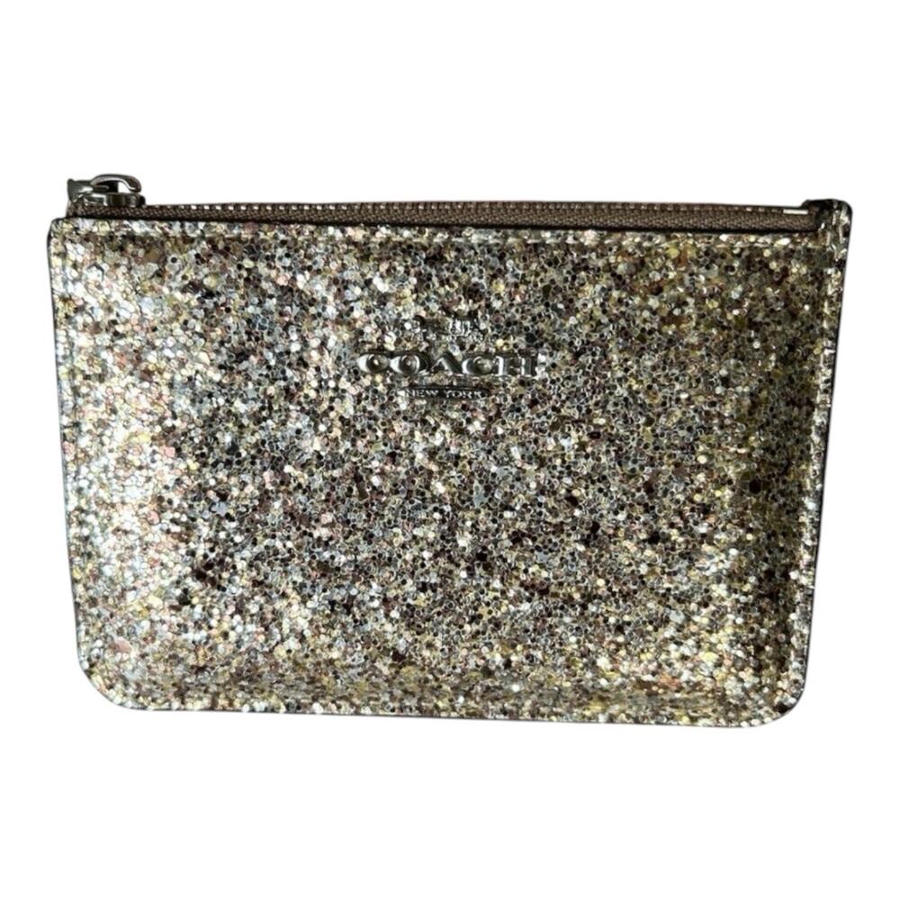 Coach Mini Skinny Glitter Coin Purse Card Case Keychain Wallet Gold Sparkle